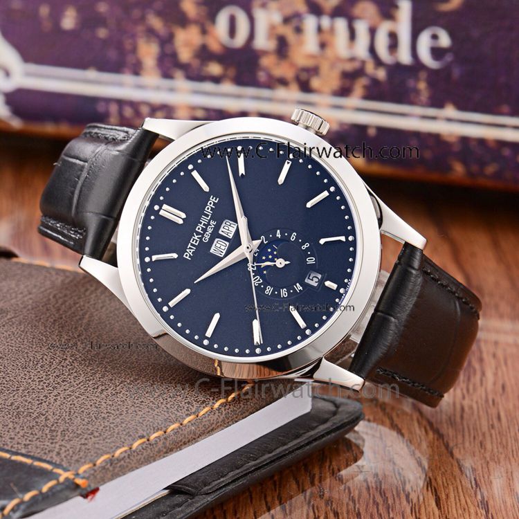 Copy Patek Philippe Calatrava Moonphase Black Leather Strap Watc